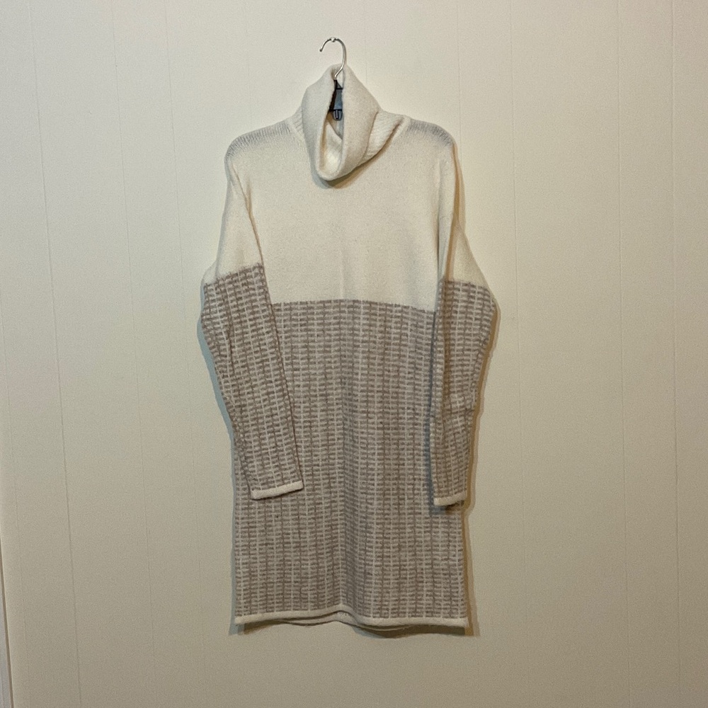 Tahari Cream and Tan Cowl Neck Sweater Dress